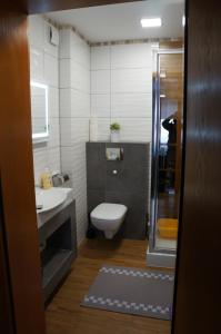 een badkamer met een toilet, een wastafel en een douche bij POKOJE GOŚCINNE ATOL in Hel