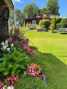 a garden with flowers and a house in the background at Veccepļi kempings in Spāre