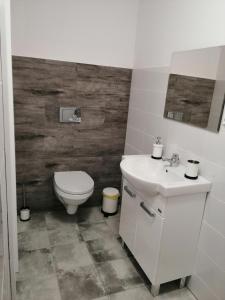 a white bathroom with a toilet and a sink at Domek Mikołajki in Mikołajki