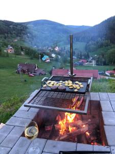 a grill with a bunch of food on it at Apartmán U Setra in Pec pod Sněžkou