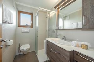 La salle de bains est pourvue d'un lavabo, de toilettes et d'un miroir. dans l'établissement Pirchnerhof, à San Lorenzo di Sebato