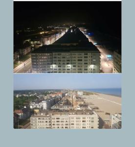 deux photos d'une ville la nuit et d'un bâtiment dans l'établissement De Zandeters, à Oostduinkerke