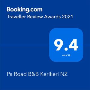 Certifikát, hodnocení, plakát nebo jiný dokument vystavený v ubytování Pa Road B&B Kerikeri NZ
