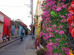 uma rua com flores roxas ao lado de um edifício em Apto en Getsemani el barrio mas cool de Cartagena em Cartagena de Indias