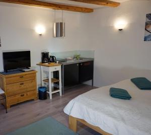 a room with two beds and a desk with a television at "Haus auf dem Berg" in Westensee