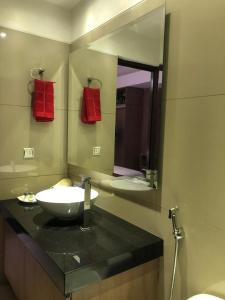 a bathroom with a sink and a mirror at MONOAMBIENTE EN EQUIPETROL NORTE -Onix 407 in Santa Cruz de la Sierra
