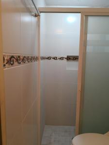 a shower with a glass door in a bathroom at Hotel del Conde in Guanajuato