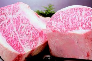 two slices of pink meat sitting next to each other at Minshuku Asogen in Aso