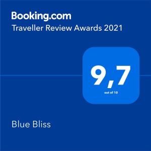 Certifikát, hodnocení, plakát nebo jiný dokument vystavený v ubytování Blue Bliss
