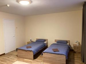 a bedroom with two beds with blue pillows at Motelis Astarte in Koknese +6 photos