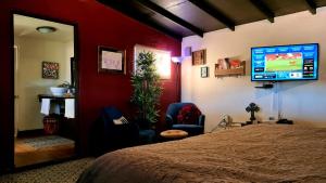 a bedroom with a bed and a flat screen tv at Finca Vidandrei CASA EUCALIPTO in Valle de Guadalupe