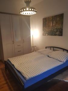 1 dormitorio con cama y lámpara de araña en Kleiner-Muldenblick en Leisnig