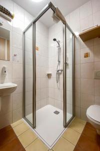 a shower with a glass door in a bathroom at Landhotel Gasthof Bauböck in Andorf