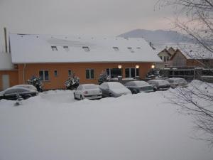 ein Haus mit Autos auf einem schneebedeckten Hof in der Unterkunft Pension Harmonia in Miercurea Ciuc