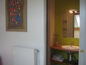 uma casa de banho com um lavatório e um espelho em Chambres d'hôtes Les Coquelicots em Marieulles