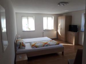 a bedroom with a bed and a cabinet and two windows at Monteurhotel B27 in Rottweil