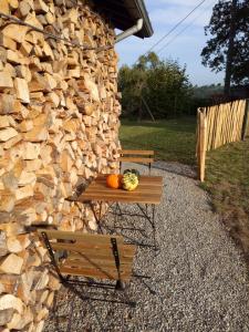 a table with pumpkins on it next to a stone wall at Aux Capucines in Theux
