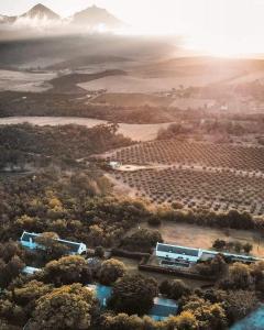 an aerial view of a vineyard with a truck at Jan Harmsgat Country House in Swellendam