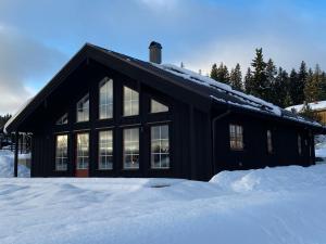 una casa negra con nieve delante en Jarvso House. Ski In / Ski Out. en Järvsö