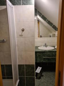 a bathroom with a shower and a sink at Ferdinand Penzion in Moldava nad Bodvou