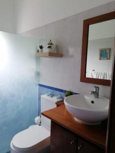 ein Badezimmer mit einem Waschbecken, einem WC und einem Spiegel in der Unterkunft Villas Del Jardin 7 in Juan Dolio