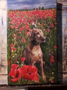 a painting of a dog in a poppy field at Fehér Hintó in Miskolctapolca
