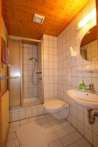a bathroom with a shower and a toilet and a sink at Gasthof Rundeck 