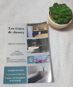 een flyer voor een huis met een potplant bij Les Gîtes de Jussey in Jussey