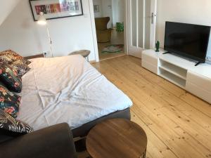 a living room with a bed and a flat screen tv at Ferienwohnung 3 zwischen Nürnberg und Regensburg in Deining