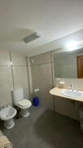 y baño con aseo y lavamanos. en Samay Huasi - 3 dorm en suite - inmejorable ubicación - cochera cub en San Martín de los Andes