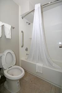 a bathroom with a toilet and a bath tub with a shower curtain at Clarion Pointe Statesville in Statesville