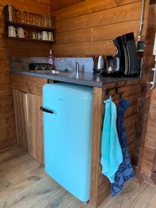 a kitchen with a refrigerator and a counter at Chalet - B&B de Koog in Uitgeest