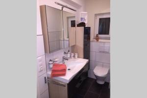 a bathroom with a sink and a toilet at Nordsee Ferienwohnung für 2 Personen in Wangerland