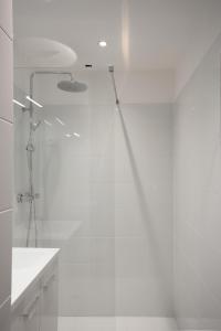 La salle de bains blanche est pourvue d'une douche et d'un lavabo. dans l'établissement Joli T2 bord de mer tout équipé, à Saint-Mandrier-sur-Mer