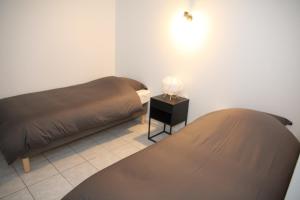 a bedroom with two beds and a table with a lamp at Gite Ferme Brelouffe 1 in La Rosière