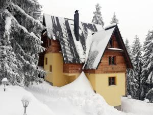 domek na śniegu z drzewami pokrytymi śniegiem w obiekcie Villa Franka - Vlašić w mieście Vlašić