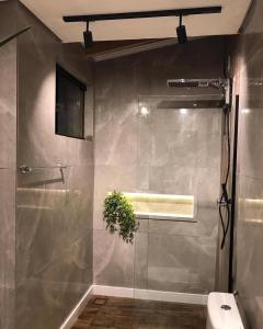a bathroom with a shower with a plant in it at Quinta da Bocaina in Amparo