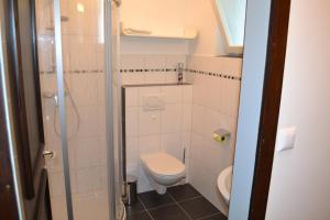 mała łazienka z toaletą i prysznicem w obiekcie Appartements Bürger w mieście Krumpendorf am Wörthersee