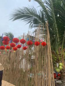 a bamboo fence with red balls on it next to a palm tree at Fairy Hills Hotel in Mui Ne