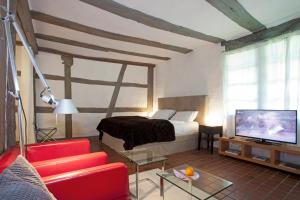 a bedroom with a bed and a couch and a tv at Mühle am Schlossberg in Wartenberg-Rohrbach
