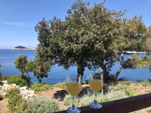 two glasses of wine sitting on a table near the water at Apartments Franić in Saplunara