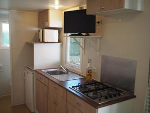 a small kitchen with a stove and a sink at LE CASQUE ROI in Salavas