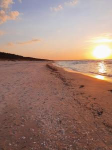 einen Strand mit Sonnenuntergang über dem Meer in der Unterkunft APARTAMENTY NADMORSKIE STEGNA BALTIC PARK in Stegna