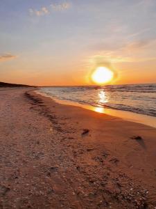 a sunset on a beach with the ocean at APARTAMENTY NADMORSKIE STEGNA BALTIC PARK in Stegna