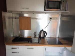 eine Küche mit einer Spüle und einer Mikrowelle in der Unterkunft Gite des Coteaux in Lüttich
