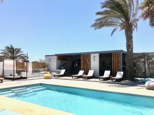 een zwembad met stoelen en een gebouw met palmbomen bij White and Grey in Mykonos-stad