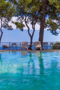 a swimming pool with blue water and trees at Evripidis Hotel in Afitos