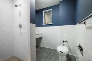 a bathroom with a toilet and blue and white walls at Lamartine Chelsea in New York +49 photos