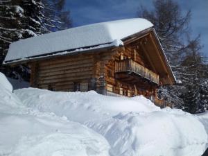 a log cabin with a snow covered roof at Almhaus Heidi Nockberge in Patergassen