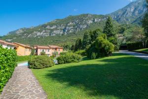 a green lawn with a mountain in the background at SARA E MELISSA HOUSE LIERNA in Lierna